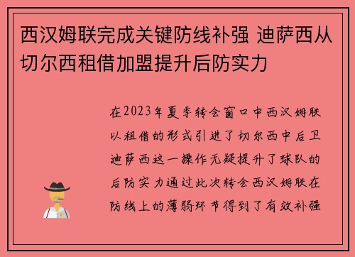 西汉姆联完成关键防线补强 迪萨西从切尔西租借加盟提升后防实力